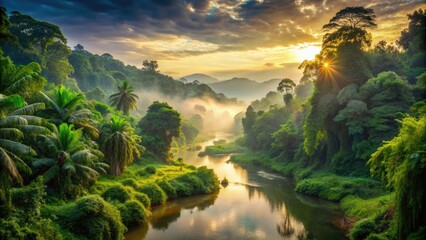 Lush green foliage surrounds a meandering river, with vines and trees towering above, in a misty, warm, and vibrant jungle scene at dawn.