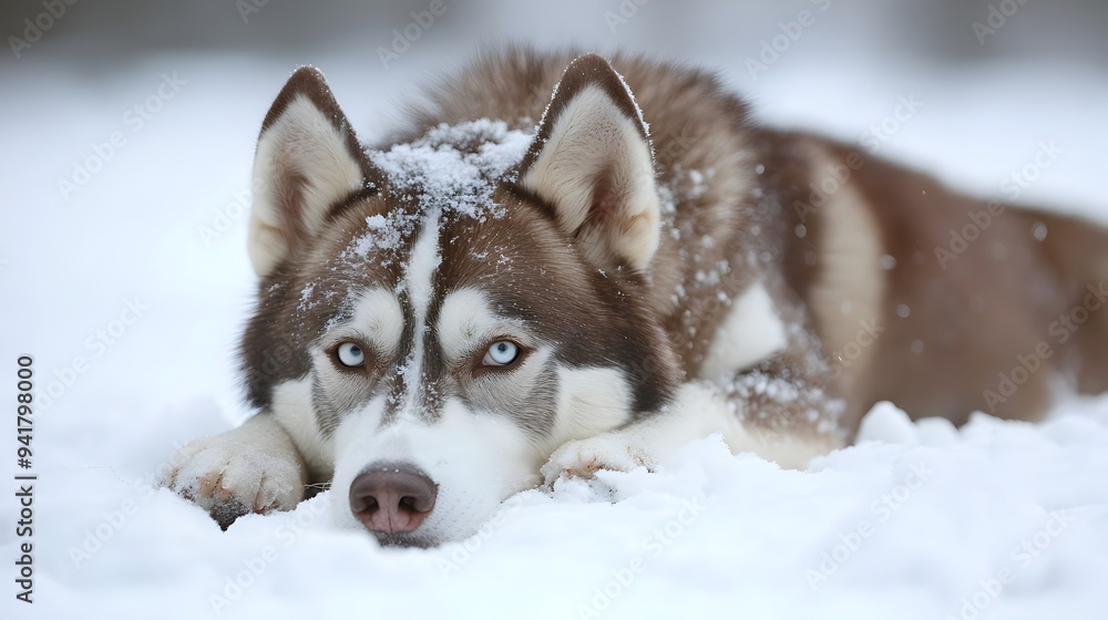 Poster adorable siberian husky dog lying down and resting peacefully in a snowy winter landscape with ample