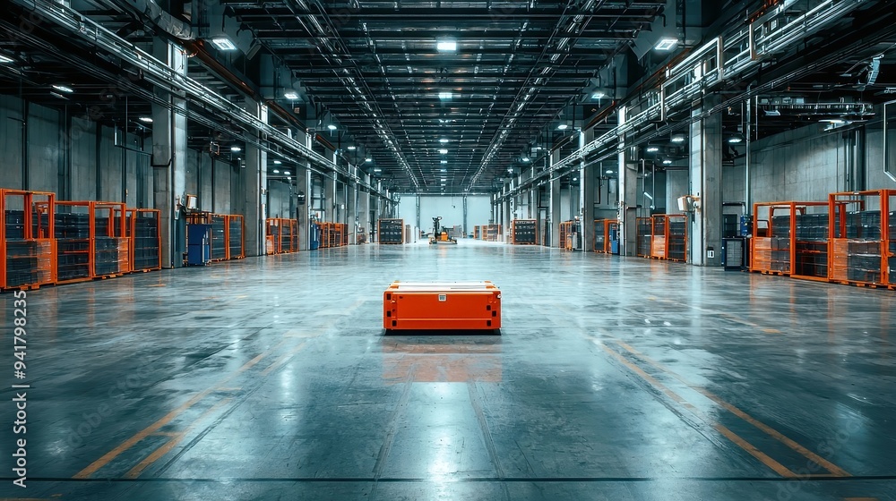 Poster warehouse interior featuring orange robots stationed on the floor, spacious layout, illuminated by a
