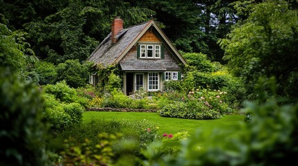 A quaint garden house nestled in a lush green garden, with plenty of room for text in the surrounding greenery
