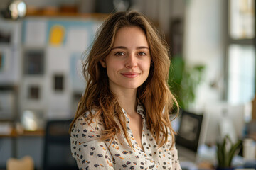 A woman with long brown hair is smiling at the camera