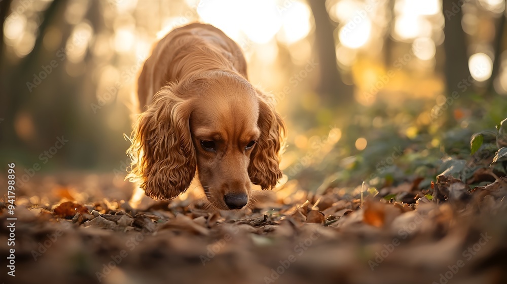 Poster curious and alert cocker spaniel dog sniffing around in a lush green woodland environment exploring 