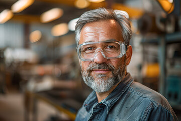 A man wearing safety glasses and a blue shirt is smiling for the camera
