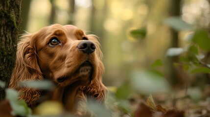 Obraz premium Curious Cocker Spaniel Exploring and Sniffing in a Tranquil Woodland Scene with Lush Foliage and Earthy Tones