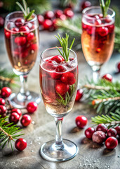Wide-Angle View of Cranberry Champagne Cocktails on a Festive Table Surrounded by Holiday Decorations