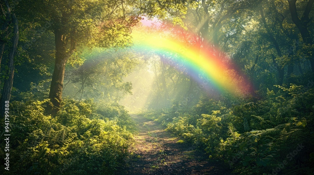 Poster a rainbow arching over a quiet forest, with open space for text in the surrounding greenery