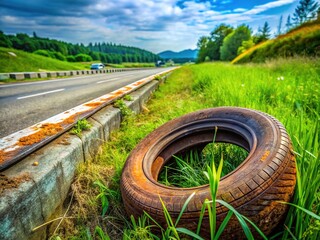 A rusty old tire lies abandoned on the side of a busy highway, surrounded by lush green grass and concrete road barriers in the background.