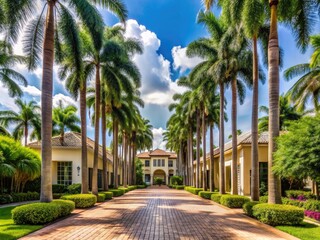 Fototapeta premium Majestic Elegance: Royal palms tower above a sweeping driveway, exuding grandeur and sophistication.