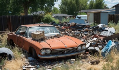 An old, rusty car is sitting in a pile of trash. The car is covered in dirt and debris, and it is abandoned. The scene is messy and chaotic, with the car taking up a large portion of the image