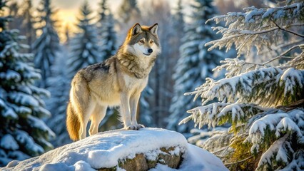 Fototapeta premium Majestic gray wolf standing proudly on a rocky outcropping amidst a serene boreal forest landscape in Minnesota's winter wonderland, surrounded by snow-covered trees.