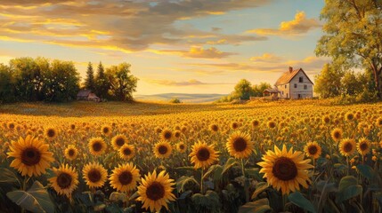 Obraz premium Sunflowers in a field at sunset.