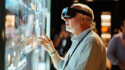 old man wearing a VR headset is pointing at a screen. Concept of excitement and curiosity as the man explores the virtual world