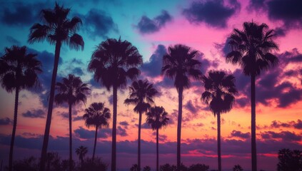 A vintage-style photograph of palm trees silhouetted against the sky at dusk, capturing their majestic shapes and tall stature Generative AI