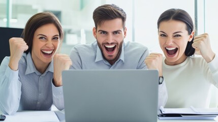 Fototapeta premium An office team, hands clasped, exuding the joy and excitement of success and beaming smiles on their faces, celebrates an important achievement that perfectly captures the joy of teamwork and success.