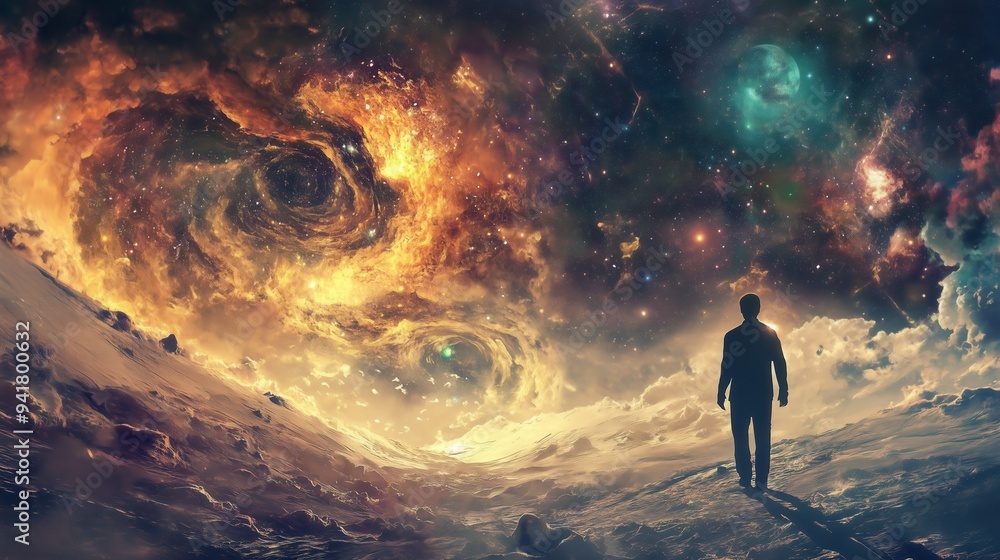 Poster a man is walking through a space filled with stars and a swirling vortex. the scene is surreal and d
