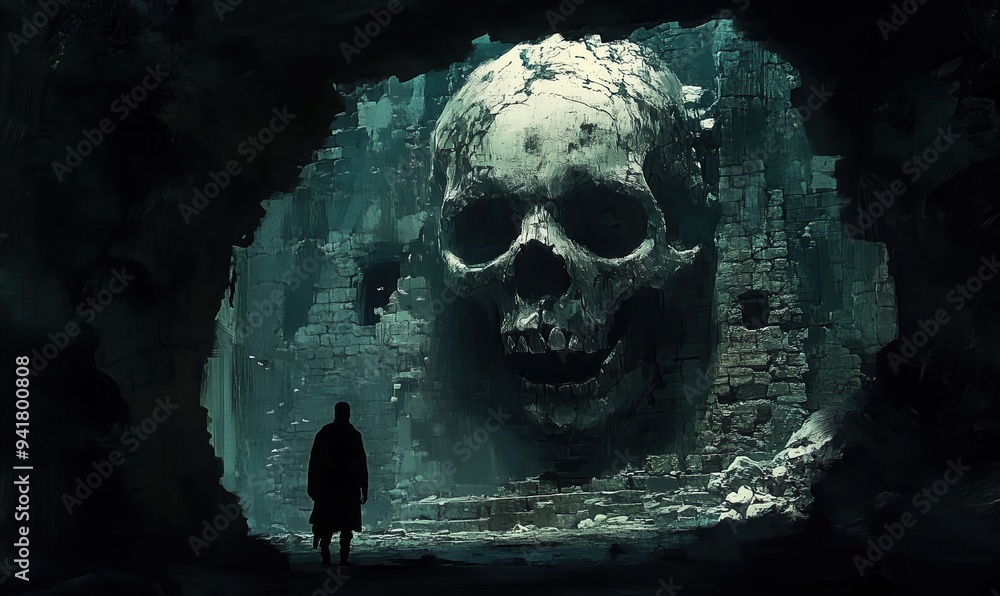 Poster a man stands in front of a large skull. the skull is surrounded by rubble and he is a part of a horr