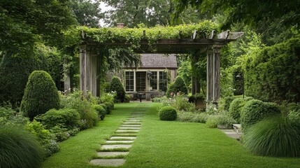 A serene garden house with a pergola, set in a lush garden with ample space for text