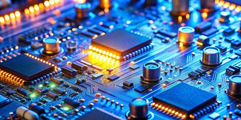 Obraz premium Circuit Board Close-up Blue and Orange Glow, Electronics Components, Technology, Microchip, Circuitry, Technology, Electronics