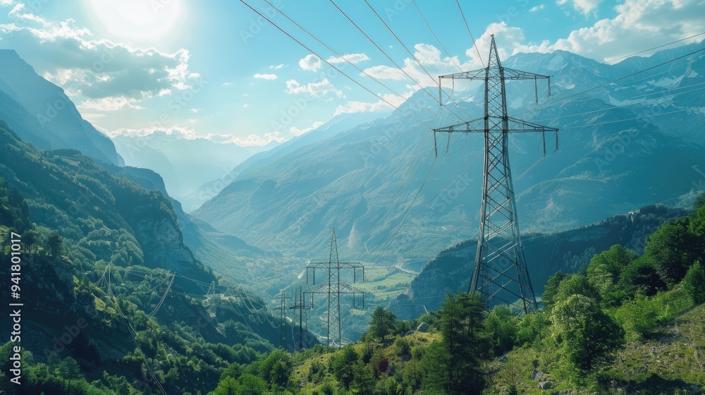 Poster a valley landscape with power lines running across the foreground, suitable for use as a background 