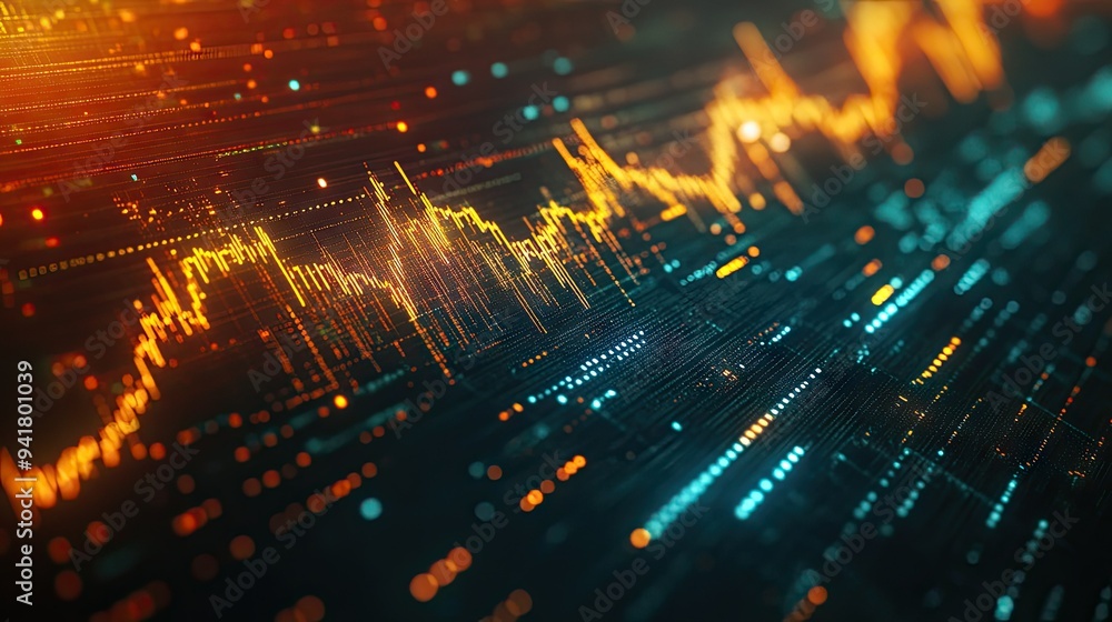 Poster close-up of a digital screen displaying a gold price chart with fluctuating lines and data points, r
