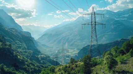 Obraz premium A valley landscape with power lines running across the foreground, suitable for use as a background or to illustrate an article about energy transmission