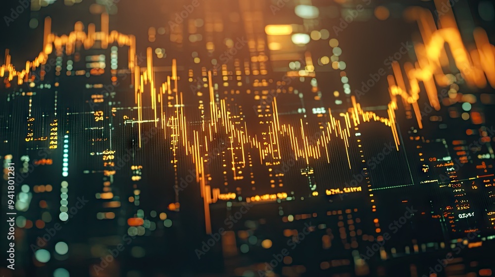 Poster close-up of a digital screen displaying a gold price chart with fluctuating lines and data points, r