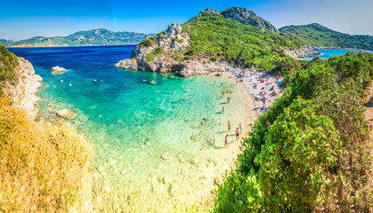 Timoni beach and Ionian sea on Korfu, Greece, panoramic shot