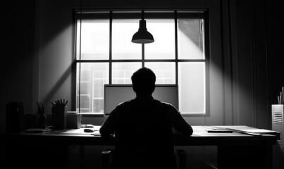 A man sits at a desk with a computer monitor in front of him. The room is dimly lit, and the man is focused on his work. Scene is serious and focused