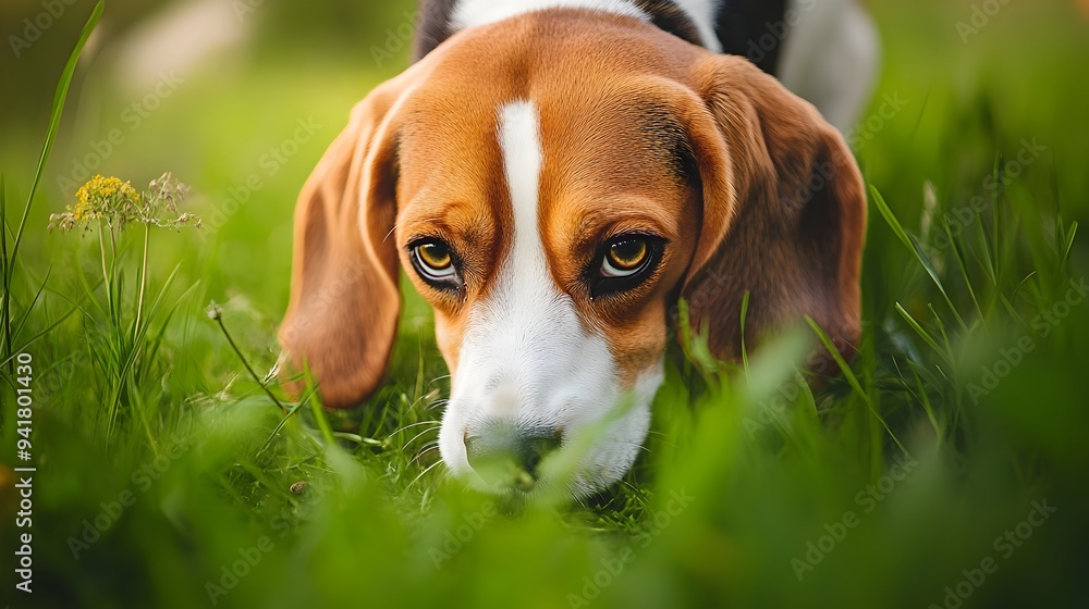 Poster a curious and playful beagle dog sniffing the ground intently in a lush green grassy field with ampl