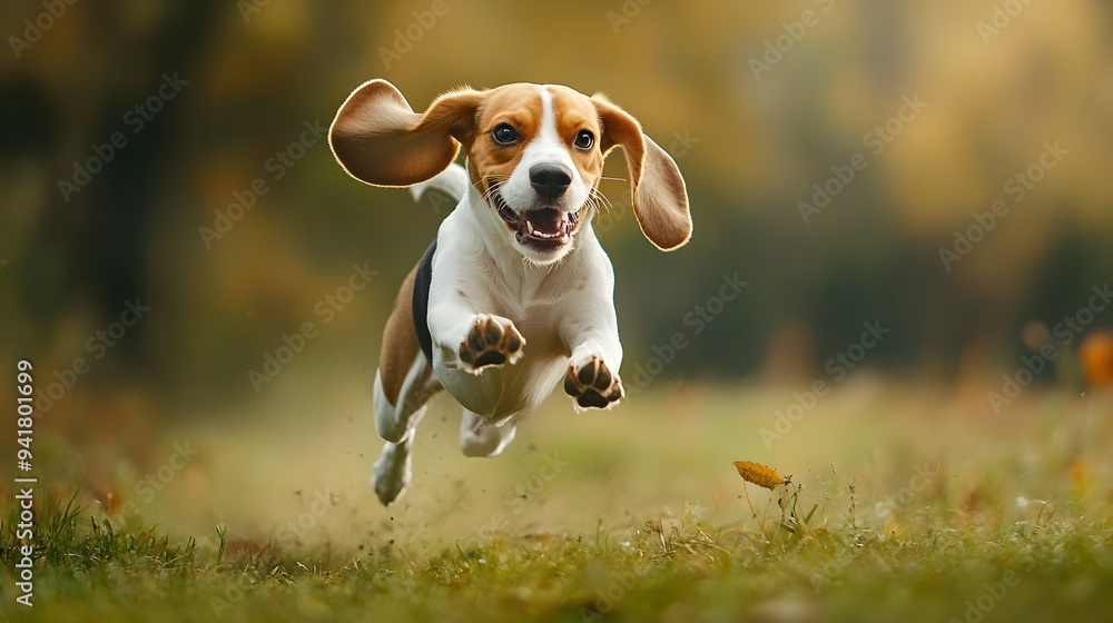Poster energetic beagle running with flapping ears in windy outdoor scene a happy lively dog sprinting thro