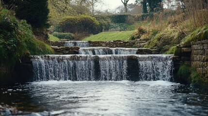 A serene waterfall in the Cotswolds, England, with a peaceful stream and ample room for copy