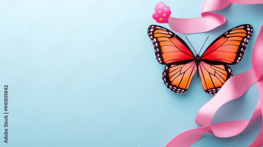 Wall mural pink ribbon and butterfly on blue background