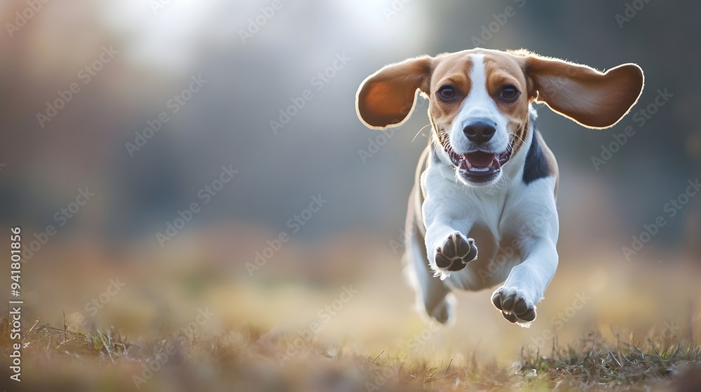Poster energetic beagle dashing through the meadow with flapping ears adorable pet dog running with joyful 