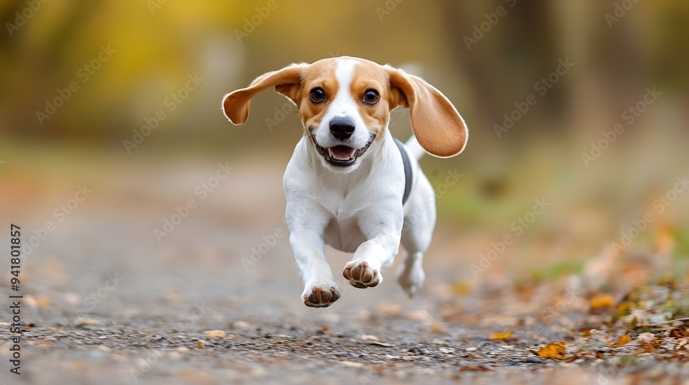Poster a beagle dog running happily through a grassy field with its floppy ears flapping in the wind leavin