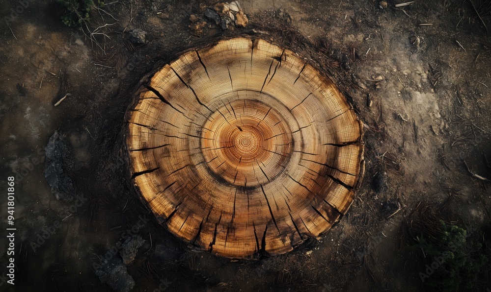 Poster a large tree stump with a hole in the middle. the stump is surrounded by a dark area
