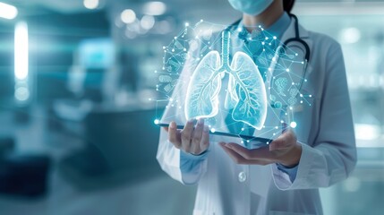 Medical professional holding a digital representation of lungs, showcasing advanced healthcare technology and patient care concepts.