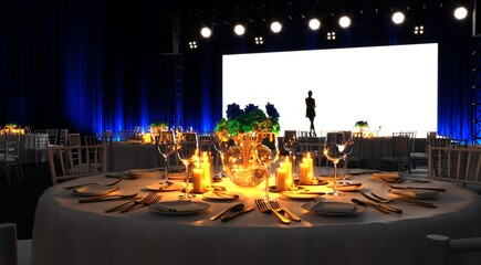 Table set for wedding or another catered event dinner.