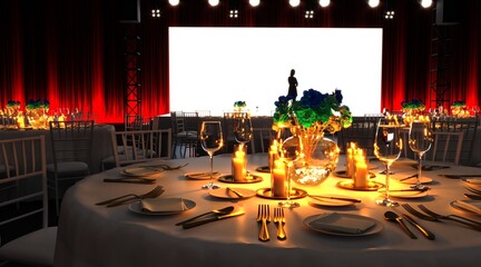 Table set for wedding or another catered event dinner.	
