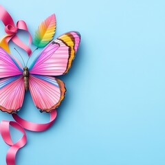 Colorful Butterfly with Pink Ribbon on Blue Background