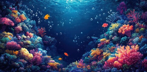 Fototapeta premium Vibrant Underwater Coral Reef with Fish and Bubbles