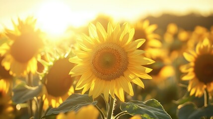 Close-up of a field of blooming sunflowers, with the sun casting a warm glow on their bright yellow petals