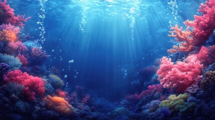 Naklejka premium Underwater Scene with Sunlight Filtering Through Vibrant Coral Reefs