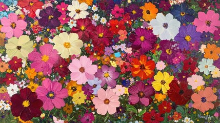 Close-up of a field of cosmos flowers in various colors, creating a lively and colorful floral scene