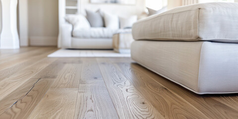 Light wooden floor in a cozy living room with soft beige furniture in the background.