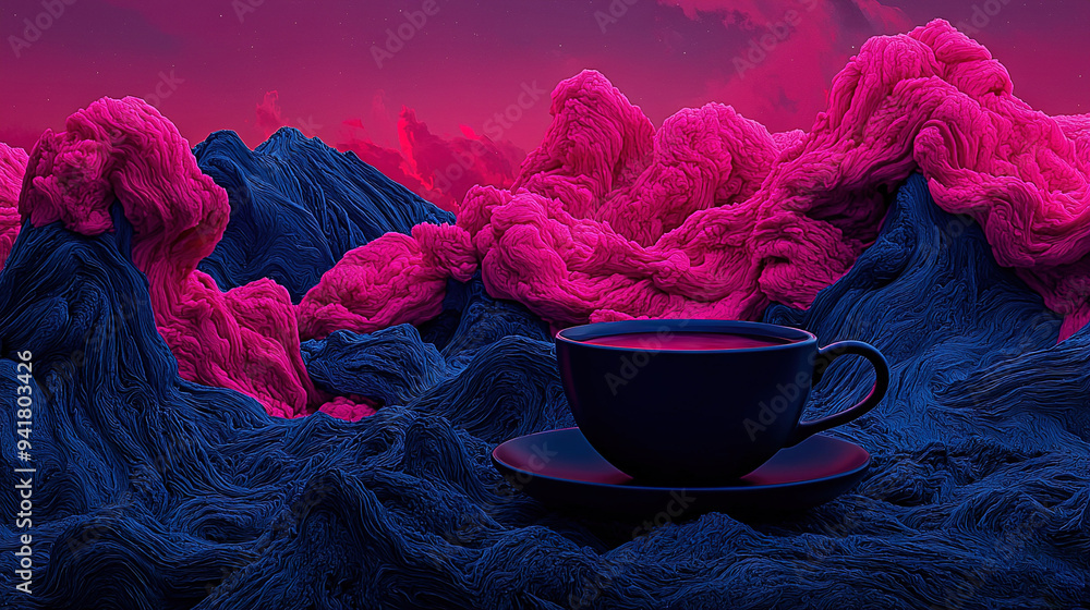 Wall mural a cup of coffee sits on top of a saucer in front of a mountain shrouded in pink and purple clouds