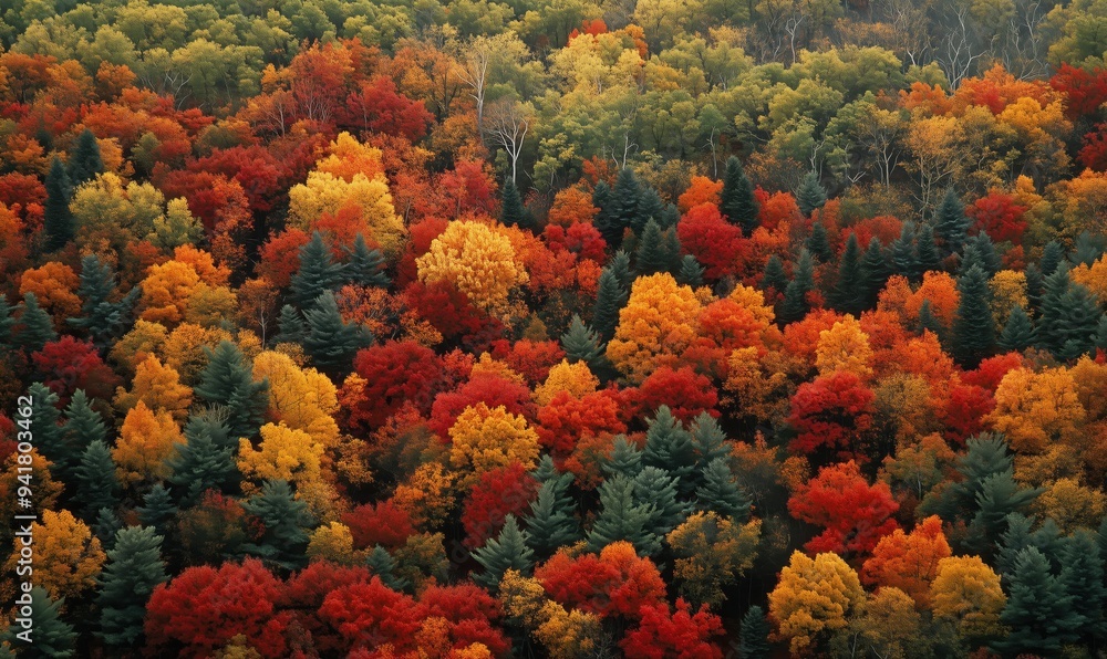 Poster a forest with many trees in various shades of red and green. the trees are in full bloom, creating a