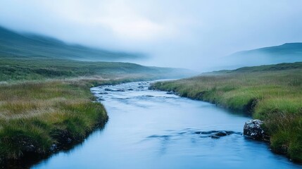 Fototapeta premium A tranquil stream in the Scottish Highlands, with rolling hills and mist, leaving ample room for text