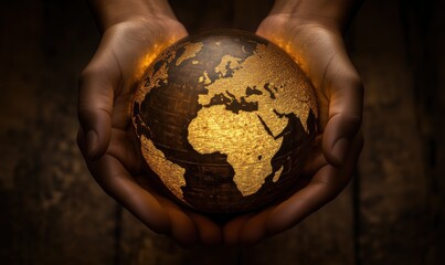 A hand is holding a globe with gold accents. The globe is illuminated, giving it a warm and inviting appearance. Concept of curiosity and wonder about the world, as well as a desire to explore