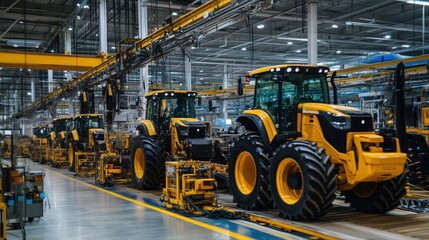 A factory with many yellow tractors on a conveyor belt. The tractors are being assembled and are in various stages of completion. Scene is one of productivity and efficiency