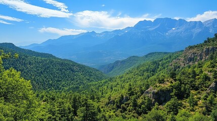 Fototapeta premium A tranquil view of Mount Olympus in Greece, with ancient forests and plenty of space for copy